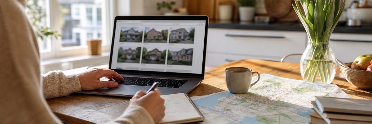 Woningzoeker bekijkt huizenaanbod met notities en kaart